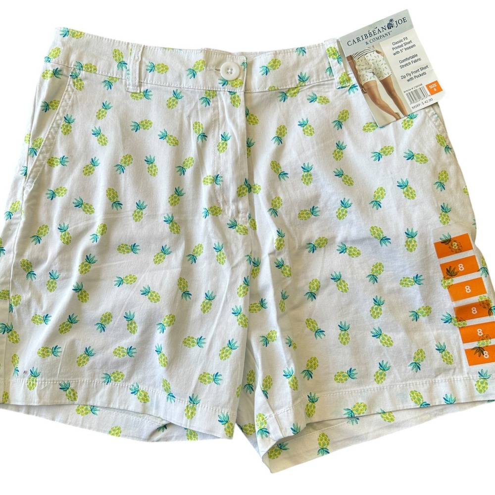 Caribbean Joe Shorts Womens White Pineapple Print Size 8 Zip Fly Comfort Stretch